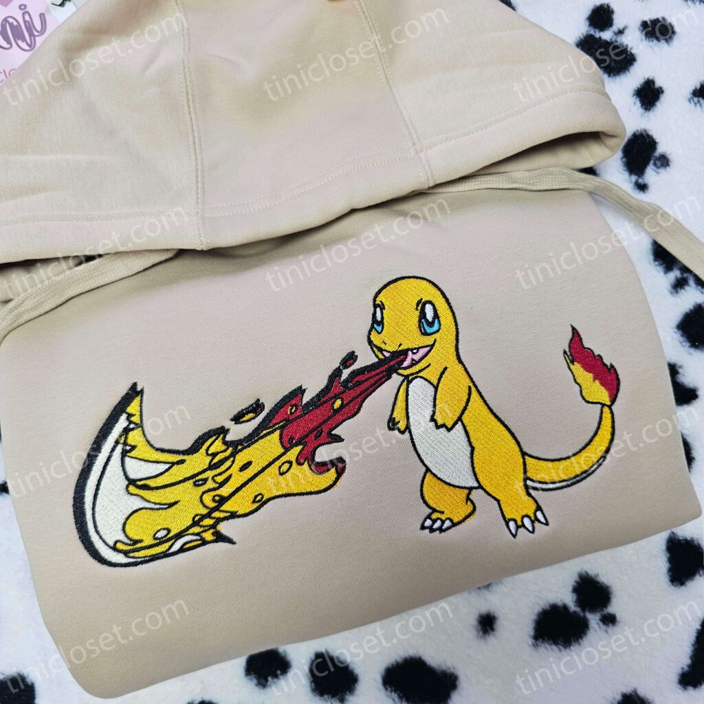 Charmander Hitokage Swoosh Embroidered Shirt, Pokemon Anime Embroidered Sweatshirt, Custom Fire-Type Hoodie