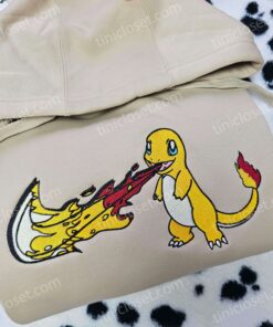 Charmander Hitokage Swoosh Embroidered Shirt, Pokemon Anime Embroidered Sweatshirt, Custom Fire Type Hoodie (2)