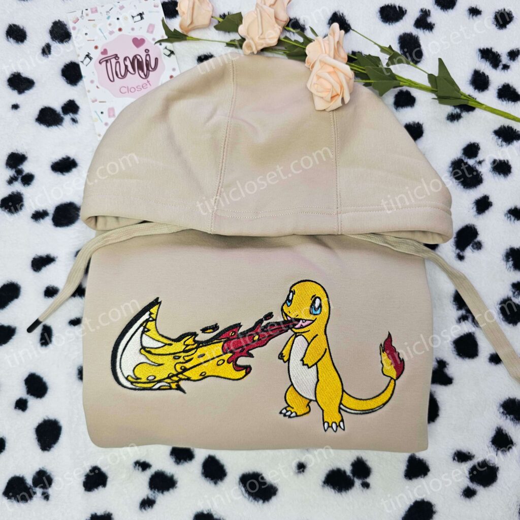 Charmander Hitokage Swoosh Embroidered Shirt, Pokemon Anime Embroidered Sweatshirt, Custom Fire-Type Hoodie