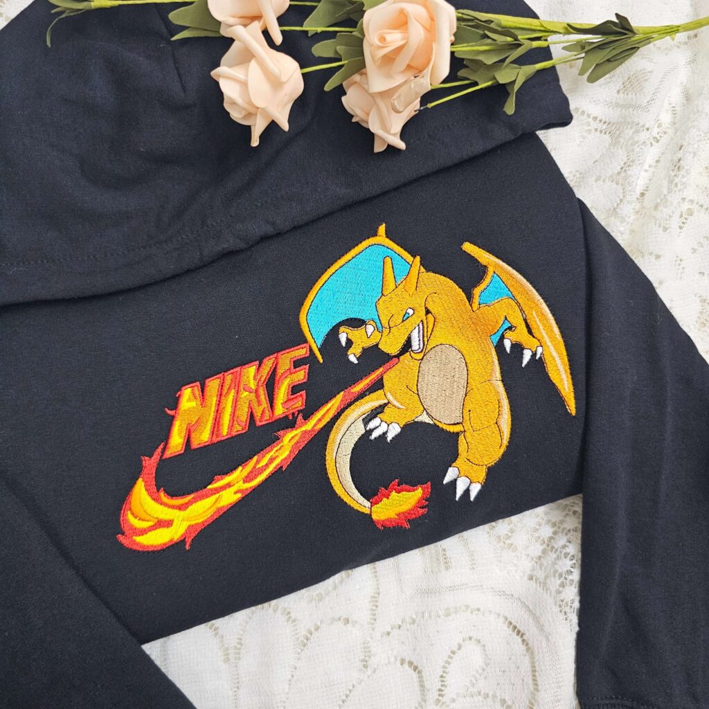 Charizard Embroidered Shirt, Pokemon Anime Embroidered Sweatshirt, Custom Fire Dragon Hoodie