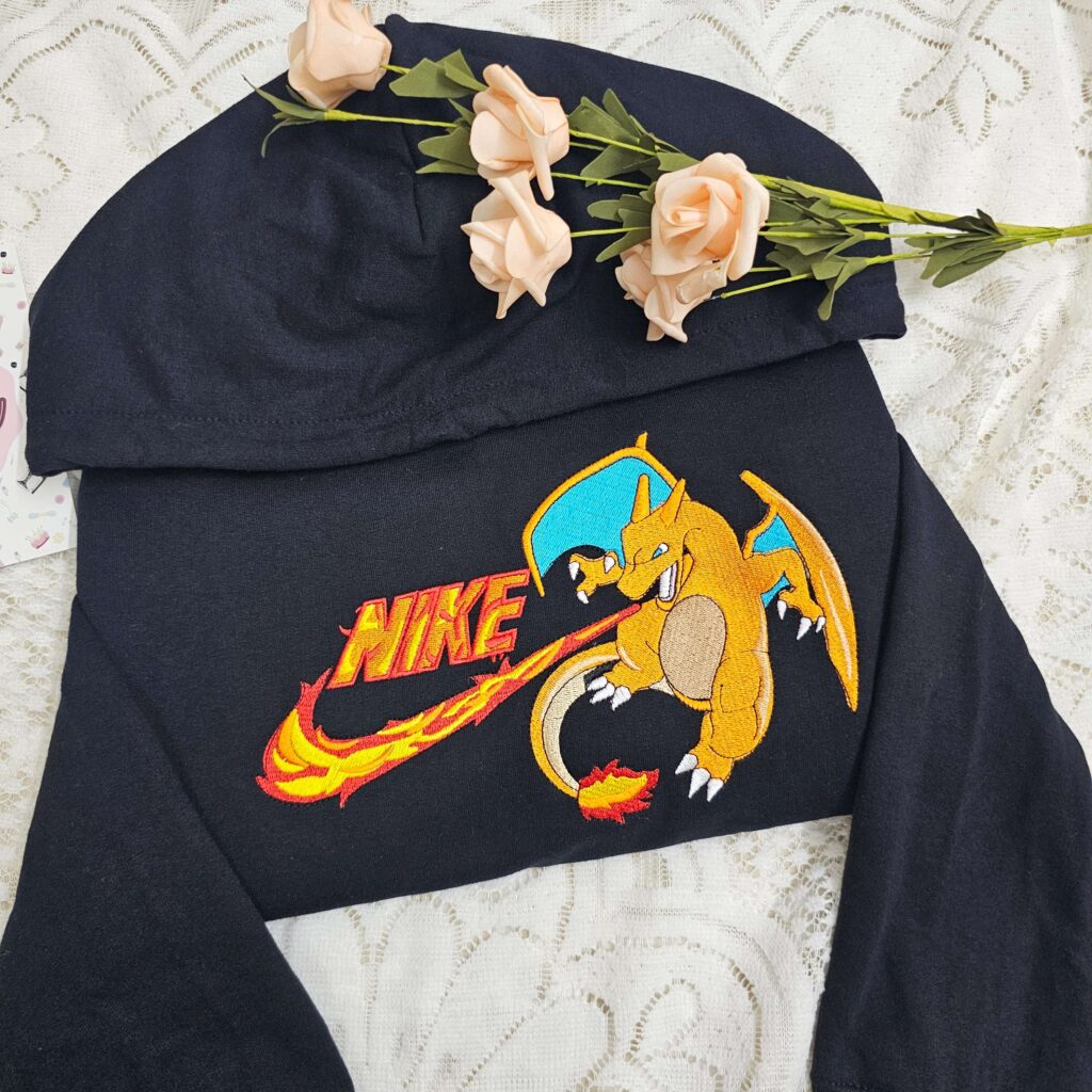 Charizard Embroidered Shirt, Pokemon Anime Embroidered Sweatshirt, Custom Fire Dragon Hoodie