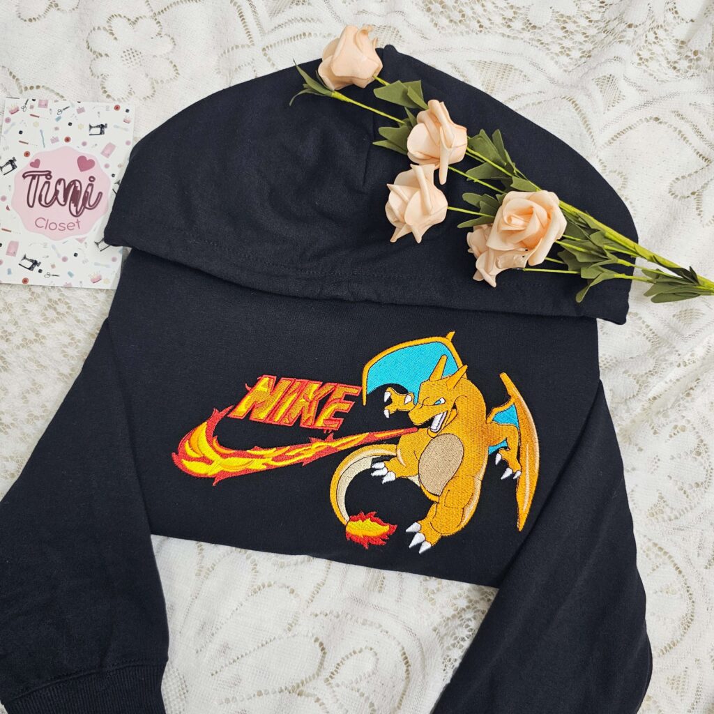 Charizard Embroidered Shirt, Pokemon Anime Embroidered Sweatshirt, Custom Fire Dragon Hoodie