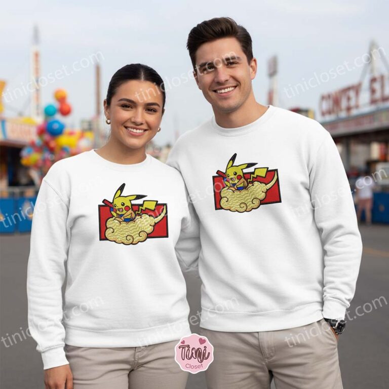 Pikachu Goku Anime Embroidered Shirt, Cute Anime Embroidered Sweatshirt, Embroidered Crewneck for Anime Fans