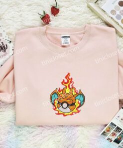 Charizard Pokeball Embroidered Shirt, Pokemon Embroidered Hoodie, Anime Embroidered Sweatshirt (1)
