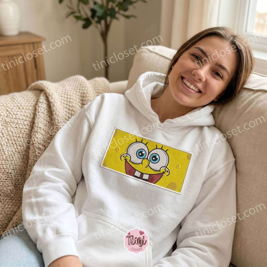 SpongeBob Embroidered Sweatshirt, Cute Cartoon Character Hoodie, Fun Nostalgic Apparel, Bestie Matching Shirts