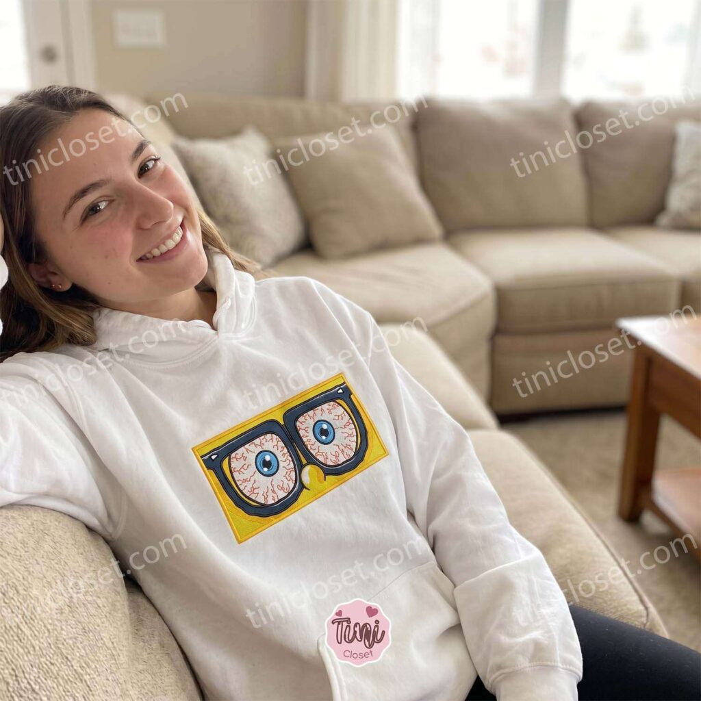 Stressed Eyes SpongeBob Embroidered Sweatshirt, Cartoon Embroidered Hoodie, The Perfect Just Because Gift For Him