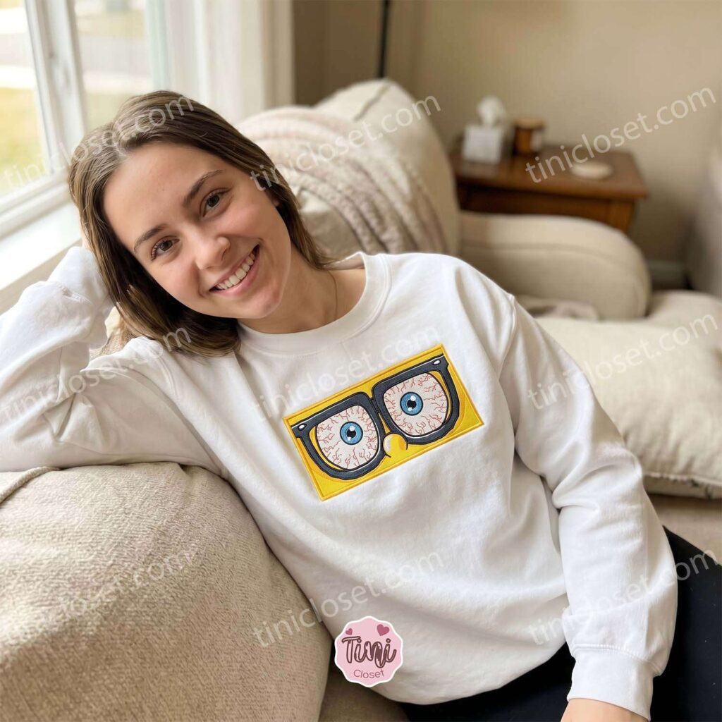 Stressed Eyes SpongeBob Embroidered Sweatshirt, Cartoon Embroidered Hoodie, The Perfect Just Because Gift For Him