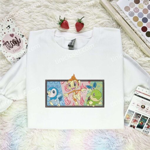 Piplup Chimchar Turtwig Embroidered Shirt, Pokemon Gen 4 Embroidered Hoodie, Anime Embroidered Sweatshirt