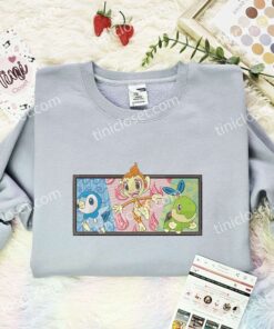 Piplup Chimchar Turtwig Embroidered Shirt, Pokemon Gen 4 Embroidered Hoodie, Anime Embroidered Sweatshirt (3)