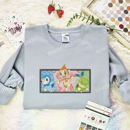 Piplup Chimchar Turtwig Embroidered Shirt, Pokemon Gen 4 Embroidered Hoodie, Anime Embroidered Sweatshirt