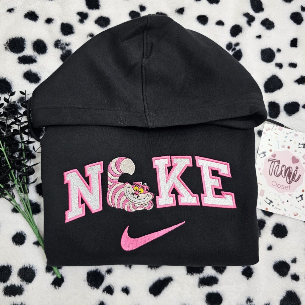 Pink Cheshire Cat x Nike Embroidered Shirt, Disney Alice In Wonderland Embroidered Hoodie, Cartoon Embroidered Sweatshirt