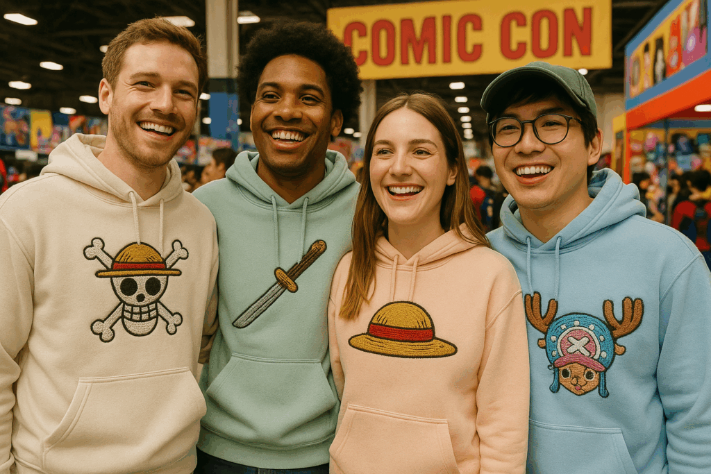 One Piece anime embroidered shirts for a fan group attending a convention.