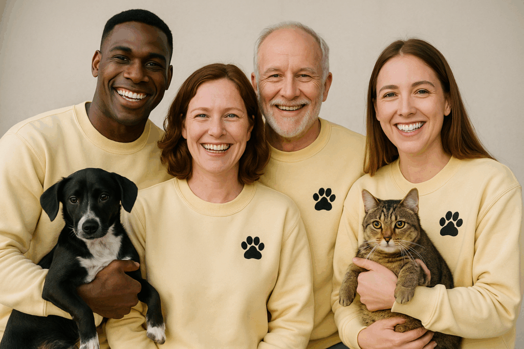 Volunteers at a rescue shelter wear matching sweatshirts with paw prints.