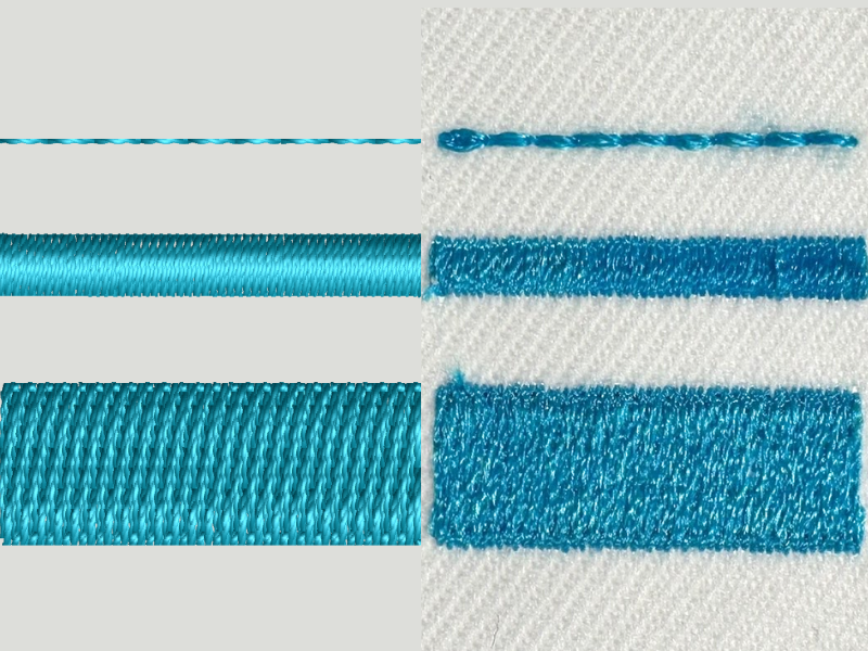 Running stitch, satin stitch and fill stitch from design to embroidery.