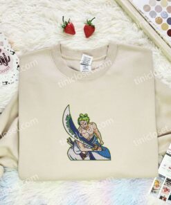 Zoro With Sword Embroidered Shirt, One Piece Embroidered Hoodie, Anime Embroidered Sweatshirt
