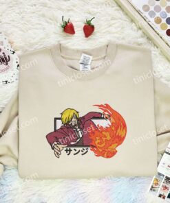 Sanji Fire Trample Embroidered Shirt, One Piece Embroidered Hoodie, Anime Embroidered T Shirt (3)