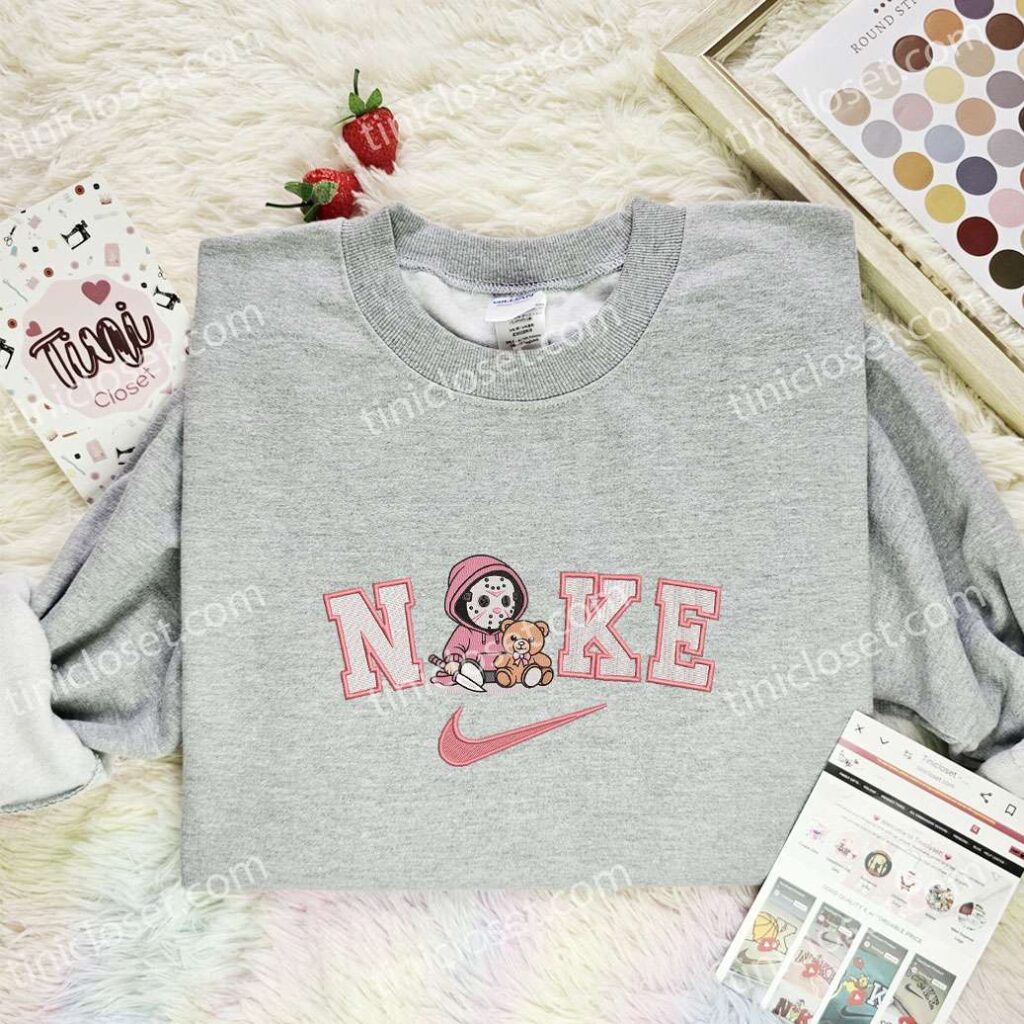 Baby Jason Voorhees Pink Teddy Embroidered Shirt, Horror Movie Embroidered Hoodie, Halloween Embroidered Sweatshirt