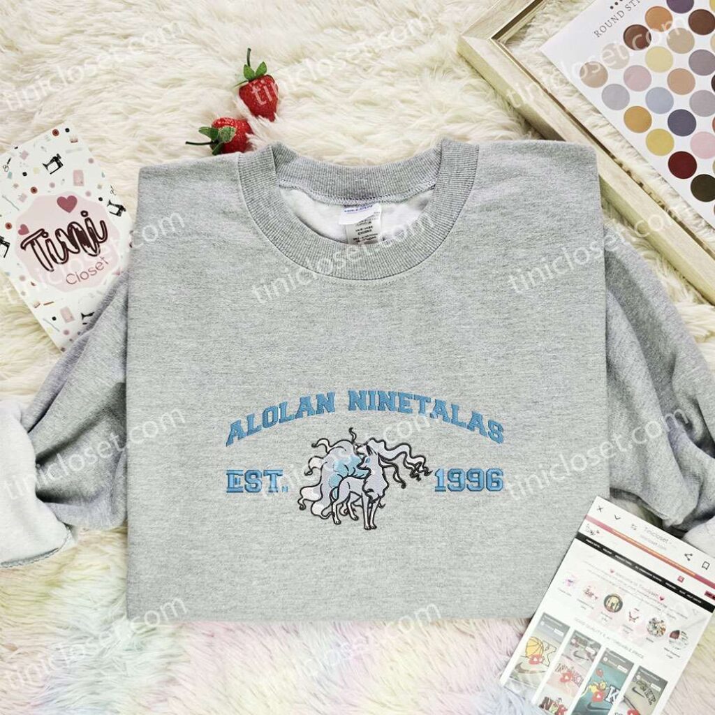 Alolan Ninetalab Embroidered Shirt, Pokemon Embroidered Hoodie, Anime Embroidered Sweatshirt