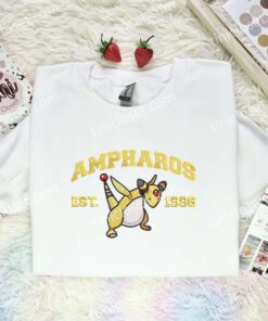 Ampharos Embroidered Shirt, Pokemon Embroidered Hoodie, Anime Embroidered Sweatshirt (1)