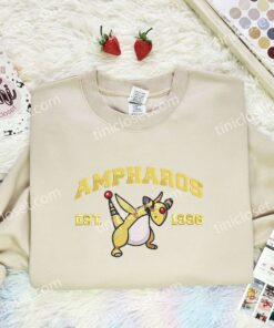Ampharos Embroidered Shirt, Pokemon Embroidered Hoodie, Anime Embroidered Sweatshirt (2)