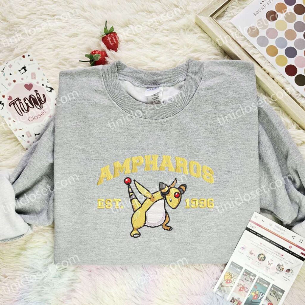 Ampharos Embroidered Shirt, Pokemon Embroidered Hoodie, Anime Embroidered Sweatshirt