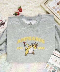 Ampharos Embroidered Shirt, Pokemon Embroidered Hoodie, Anime Embroidered Sweatshirt (3)
