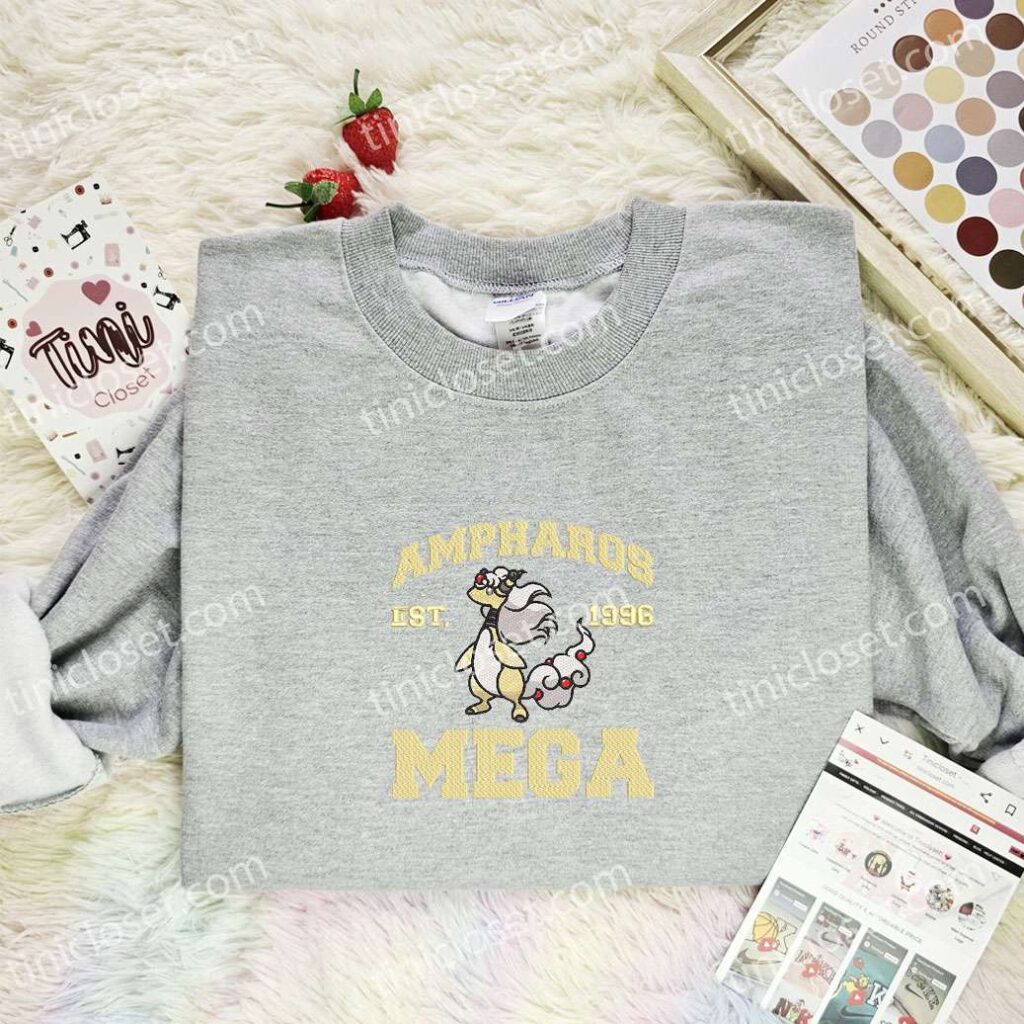 Ampharos Mega Embroidered Shirt, Pokemon Embroidered Hoodie, Anime Embroidered Sweatshirt