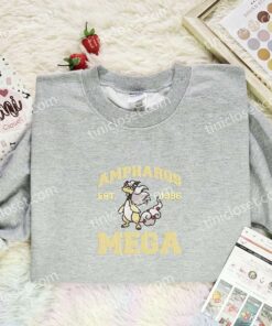 Ampharos Mega Embroidered Shirt, Pokemon Embroidered Hoodie, Anime Embroidered Sweatshirt (3)