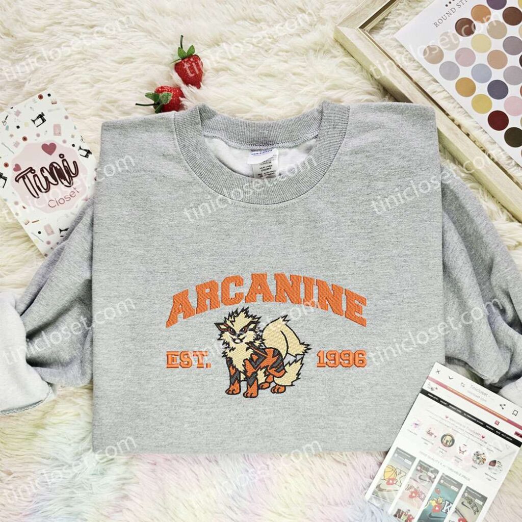 Arcanine Embroidered Shirt, Pokemon Embroidered Hoodie, Anime Embroidered Sweatshirt