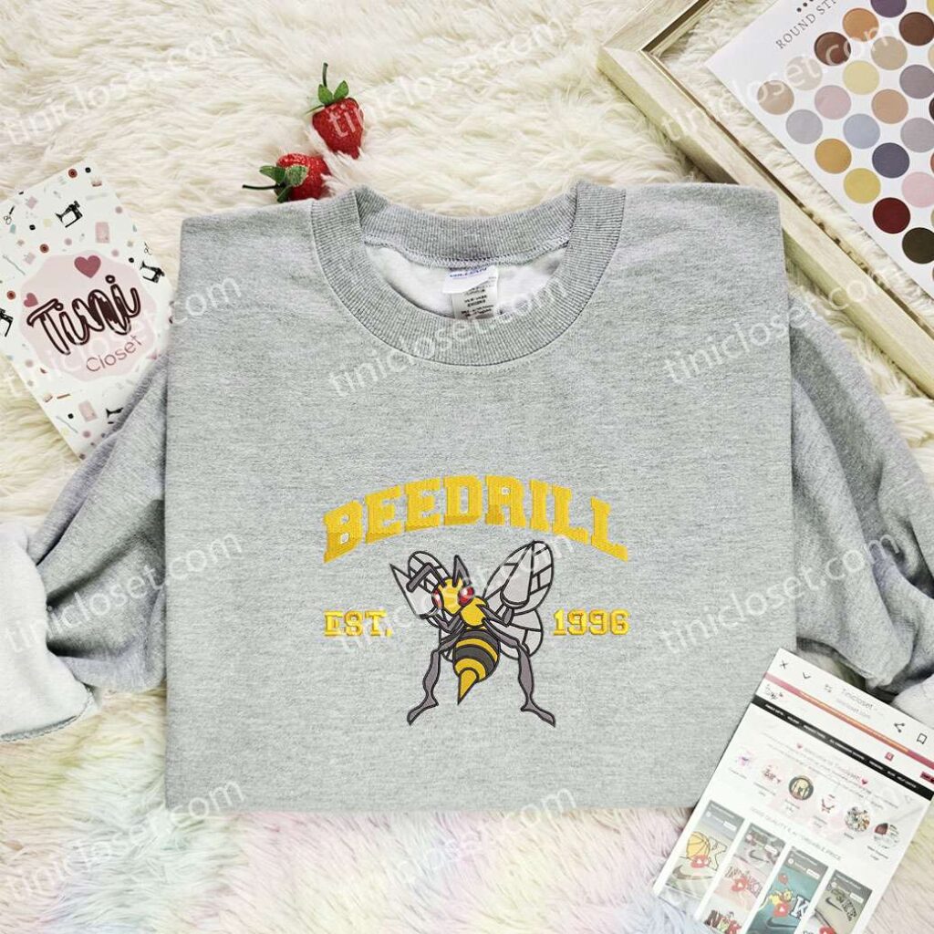 Beedrill Embroidered Shirt, Pokemon Embroidered Hoodie, Anime Embroidered Sweatshirt