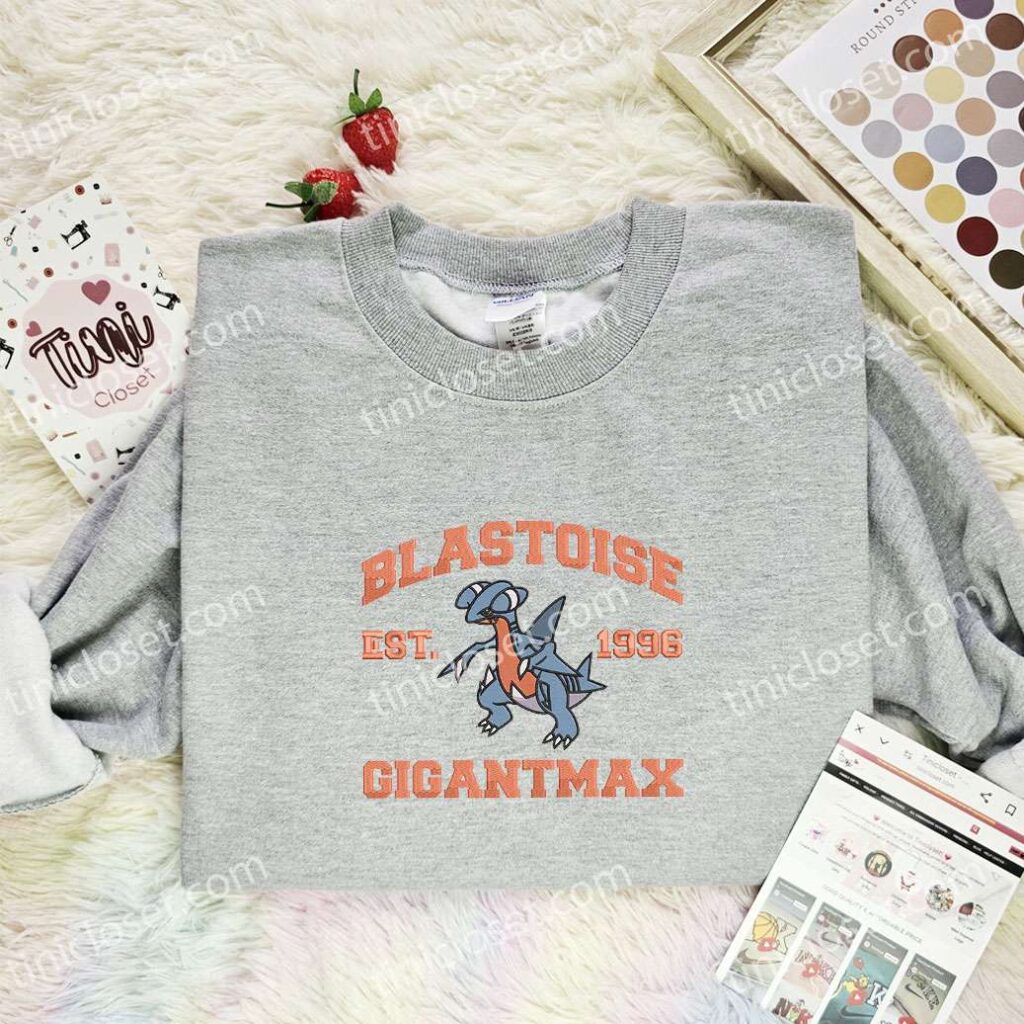 Blastoise Embroidered Shirt, Pokemon Embroidered Hoodie, Anime Embroidered Sweatshirt