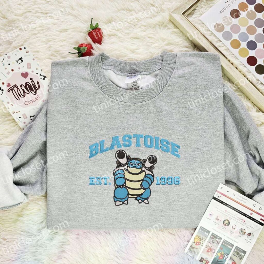 Blastoise Embroidered Shirt, Pokemon Embroidered Hoodie, Anime Embroidered Sweatshirt
