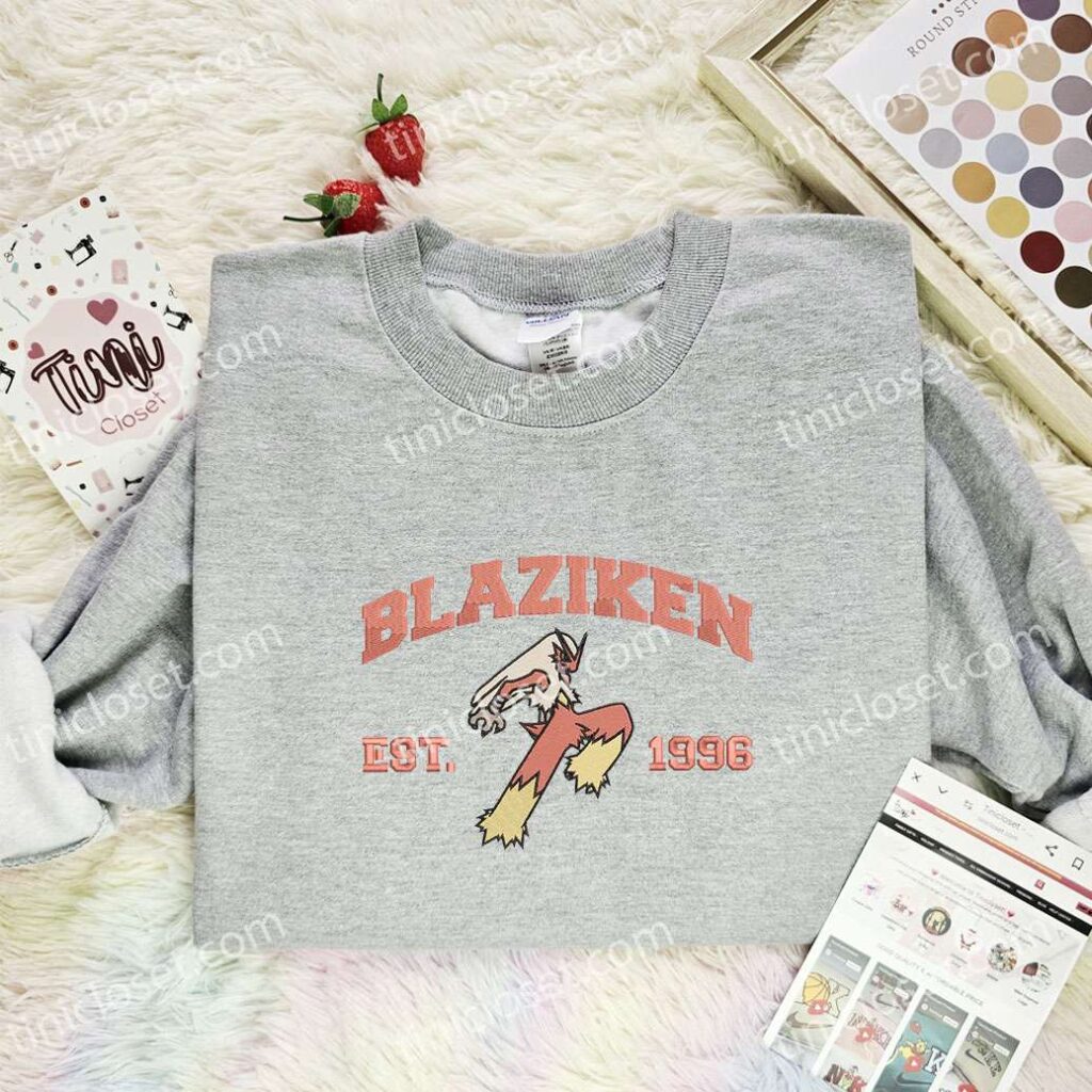 Blaziken Embroidered Shirt, Pokemon Embroidered Hoodie, Anime Embroidered Sweatshirt