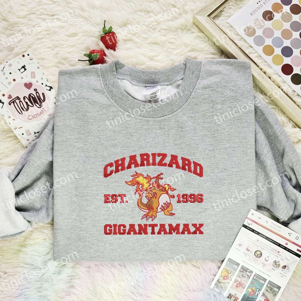Charizard Gigantamax Embroidered Shirt, Pokemon Embroidered Hoodie, Anime Embroidered Sweatshirt