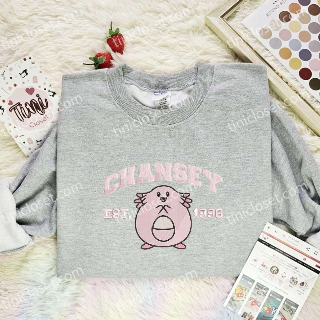 Chansey Embroidered Shirt, Pokemon Embroidered Hoodie, Anime Embroidered Sweatshirt