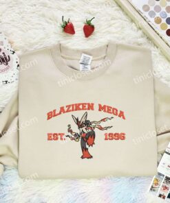 Blaziken Mega Embroidered Shirt, Pokemon Embroidered Hoodie, Anime Embroidered Sweatshirt (1)