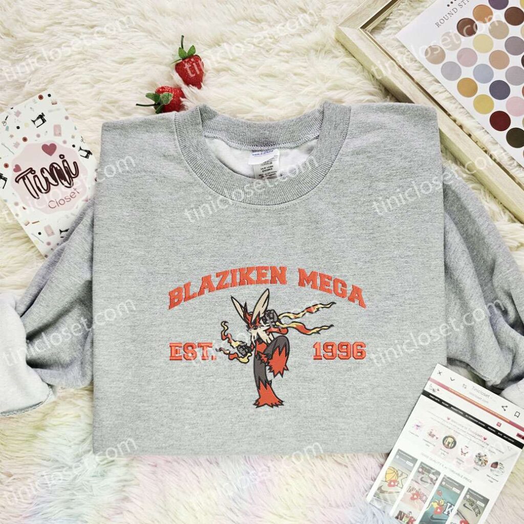 Blaziken Mega Embroidered Shirt, Pokemon Embroidered Hoodie, Anime Embroidered Sweatshirt