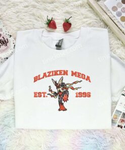 Blaziken Mega Embroidered Shirt, Pokemon Embroidered Hoodie, Anime Embroidered Sweatshirt (3)