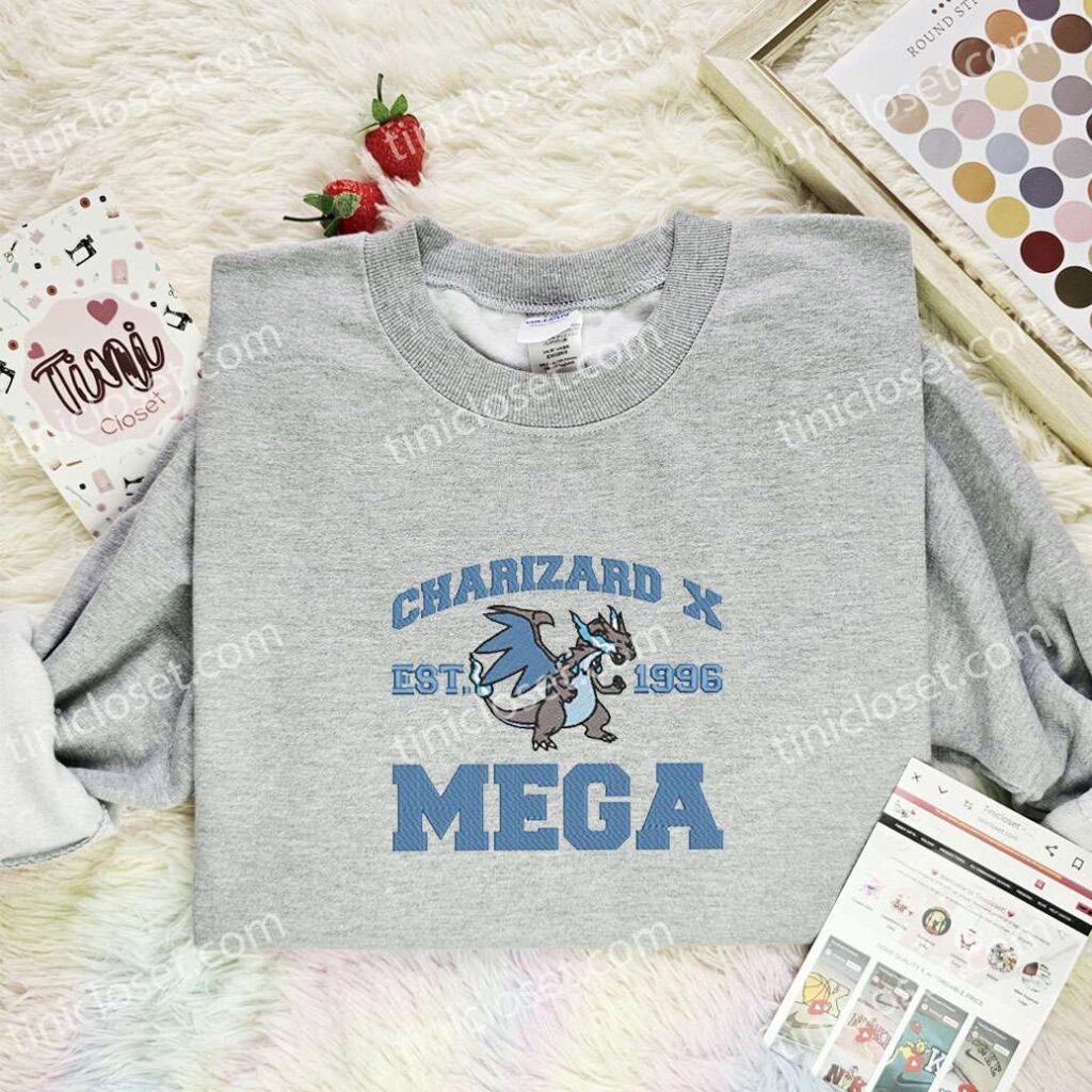 Charizard X Mega Embroidered Shirt, Pokemon Embroidered Hoodie, Anime Embroidered Sweatshirt