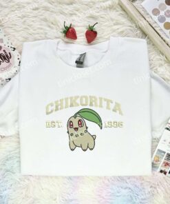Chikorita Embroidered Shirt, Pokemon Embroidered Hoodie, Anime Embroidered Sweatshirt (1)