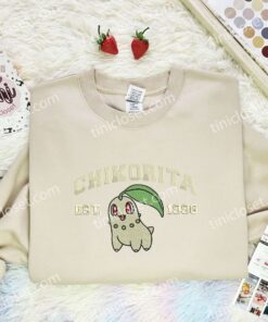 Chikorita Embroidered Shirt, Pokemon Embroidered Hoodie, Anime Embroidered Sweatshirt (2)