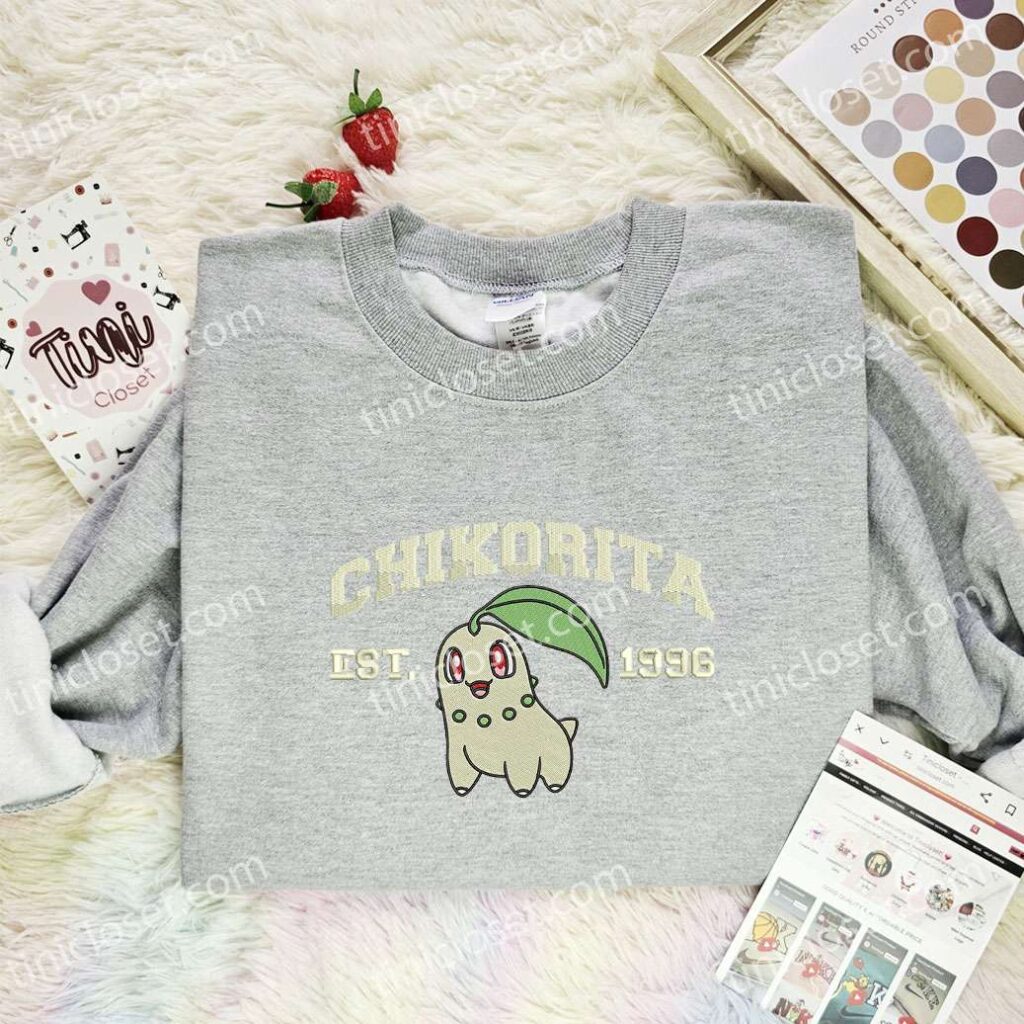 Chikorita Embroidered Shirt, Pokemon Embroidered Hoodie, Anime Embroidered Sweatshirt