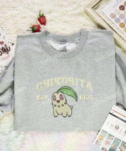 Chikorita Embroidered Shirt, Pokemon Embroidered Hoodie, Anime Embroidered Sweatshirt (3)