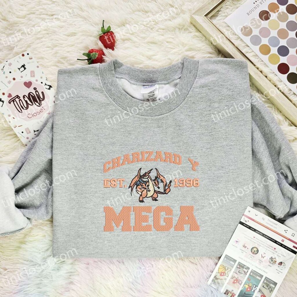 Charizard X Mega Embroidered Shirt, Pokemon Embroidered Hoodie, Anime Embroidered Sweatshirt