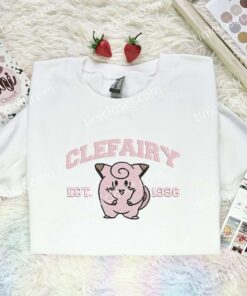 Clefairy Embroidered Shirt, Pokemon Embroidered Hoodie, Anime Embroidered Sweatshirt (1)