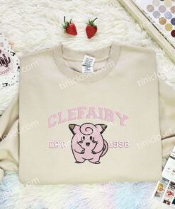 Clefairy Embroidered Shirt, Pokemon Embroidered Hoodie, Anime Embroidered Sweatshirt