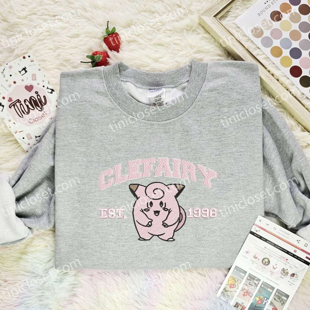 Clefairy Embroidered Shirt, Pokemon Embroidered Hoodie, Anime Embroidered Sweatshirt