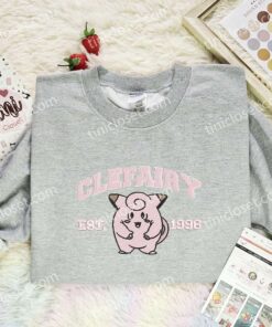 Clefairy Embroidered Shirt, Pokemon Embroidered Hoodie, Anime Embroidered Sweatshirt (3)