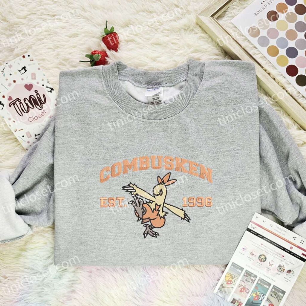 Combusken Embroidered Shirt, Pokemon Embroidered Hoodie, Anime Embroidered Sweatshirt