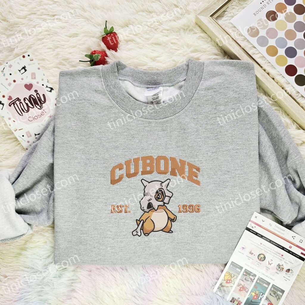 Cubone Embroidered Shirt, Pokemon Embroidered Hoodie, Anime Embroidered Sweatshirt